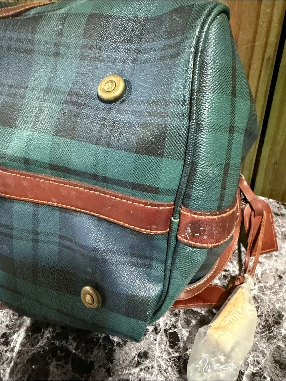 Polo by Ralph Lauren Dark Green and Navy Plaid Leather-Trim Duffel